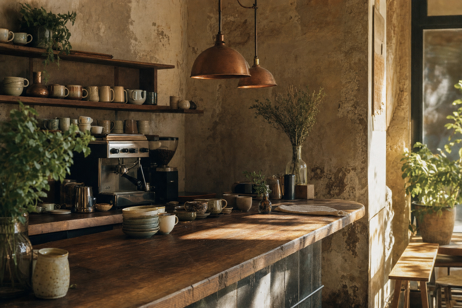 Warm morning light across the handmade ceramics and timber counter at Ember and Oak