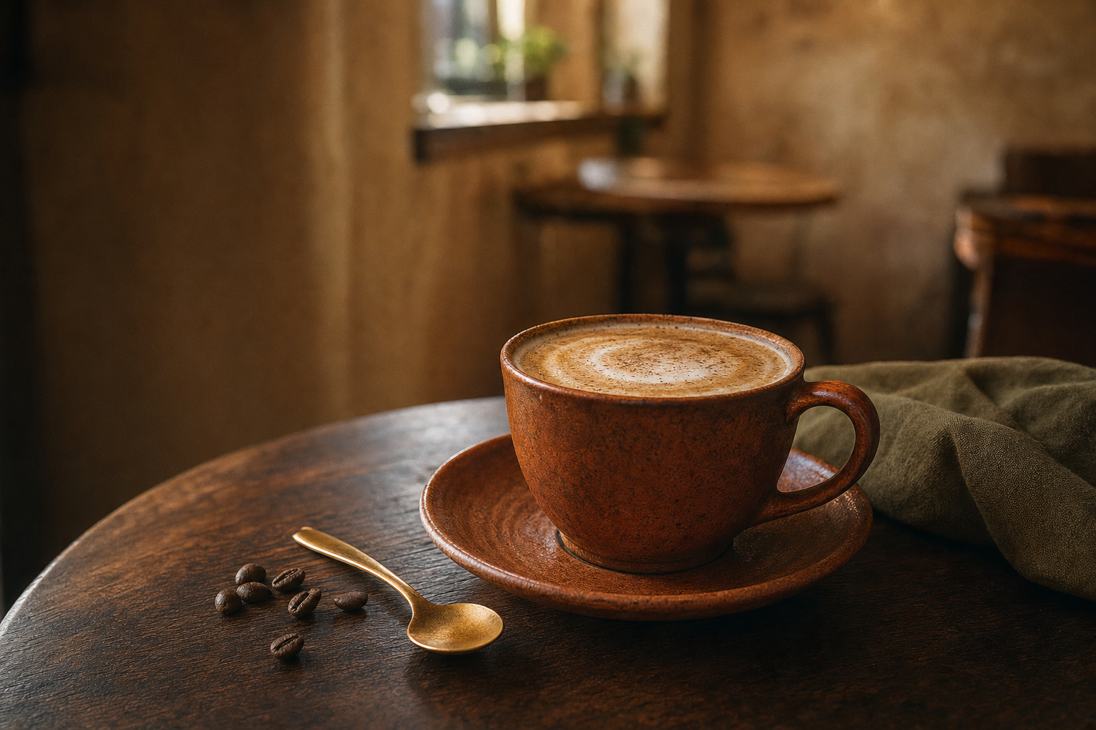 A rust-colored ceramic cappuccino on a dark wood café table